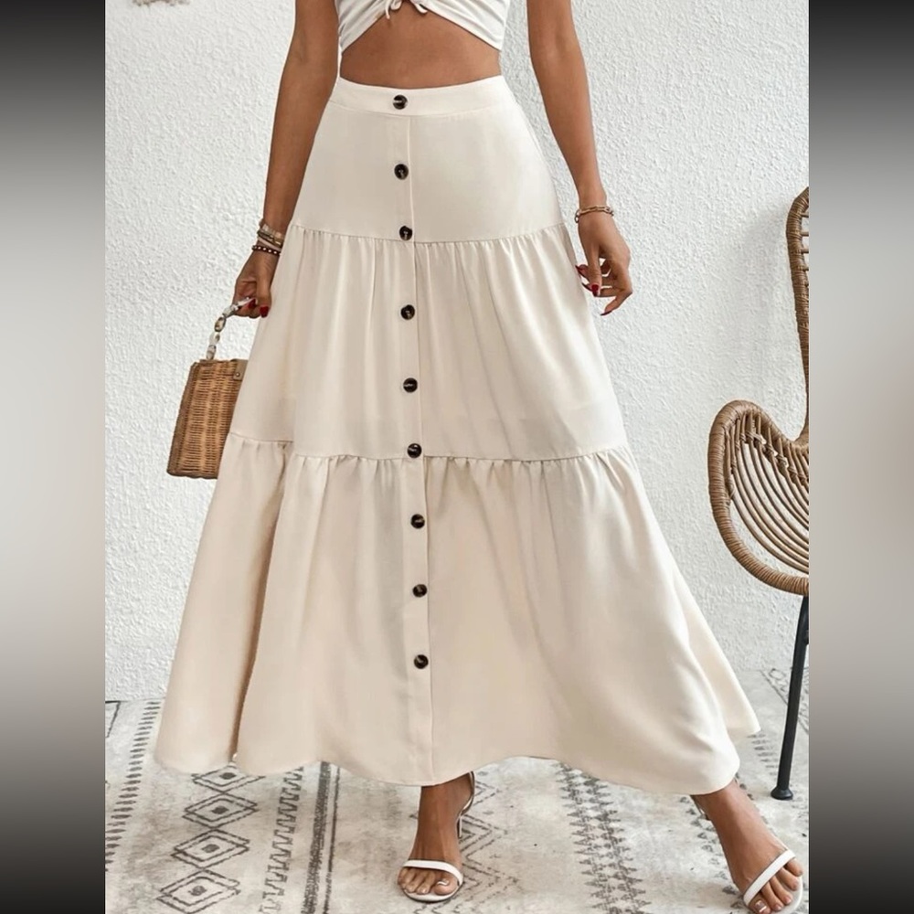 Boho dusty pink button detail ruffle hem maxi skirt - Picture 15 of 16
